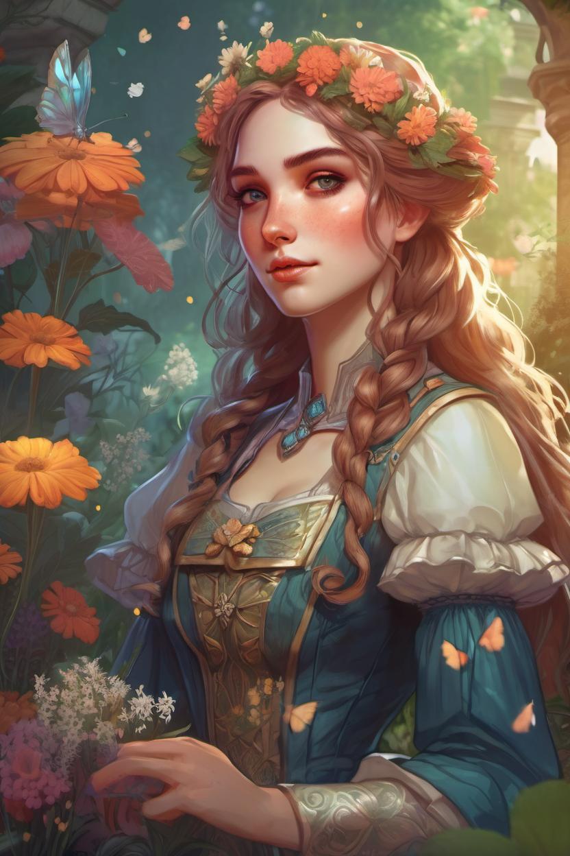 Artificial Intelligence (AI) generated image art, ..., ((portrait)), beautiful fairy princess, highly detailed illustration, in a garden holding a bunch of wild flowers, deep focus, d & d, fantasy, intricate, elegant, highly detailed, digital painting, artstation, concept art, sunset, matte, sharp focus, illustration, hearthstone,d marco mazzoni, D&D, artstation, Artgerm, Greg Rutkowski, Alphonse  art by artgerm and greg rutkowski and alphonse mucha anMucha, Marco Mazzoni