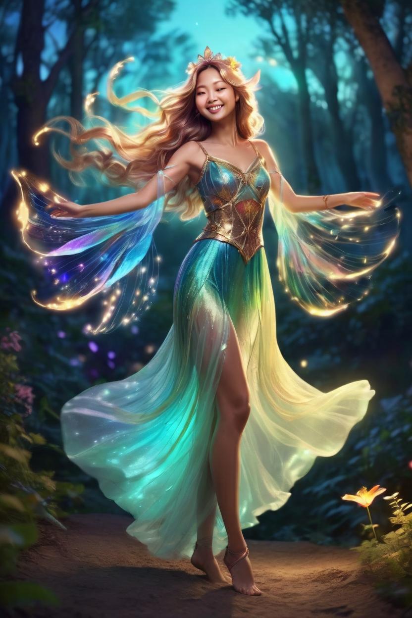 Artificial Intelligence (AI) generated image art, ..., illustration, full body, as a fairy queen, with beautiful colorful gossamer wings, dancing in a fairy circle in the moonlight, tan smooth skin, long wavy and lusterous hair flowing out around her, backlit to cause a halo around her, smaller fairys and sprites dance behind her a mysterious forest in the background