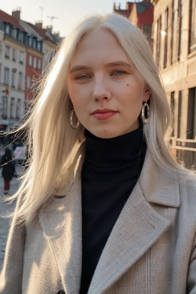 Artificial Intelligence (AI) generated image art, ..., with platinum white hair, minimal makeup, wool coat and black turtleneck, in a European city, silver earrings, during golden hour