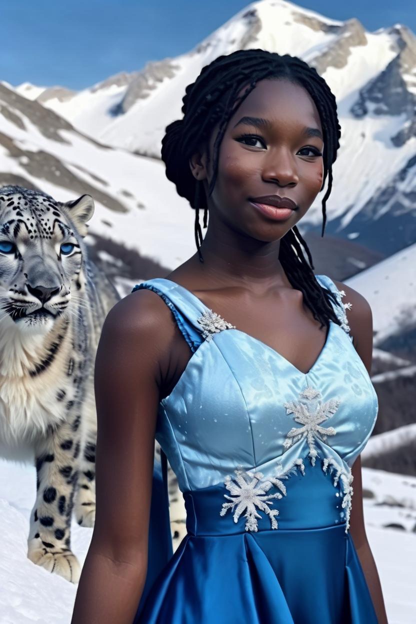 Artificial Intelligence (AI) generated image art, ..., as a princess on a snow mountain, with blue dress, pretty, with snow leopard, beautiful, digital portrait, fine detail,