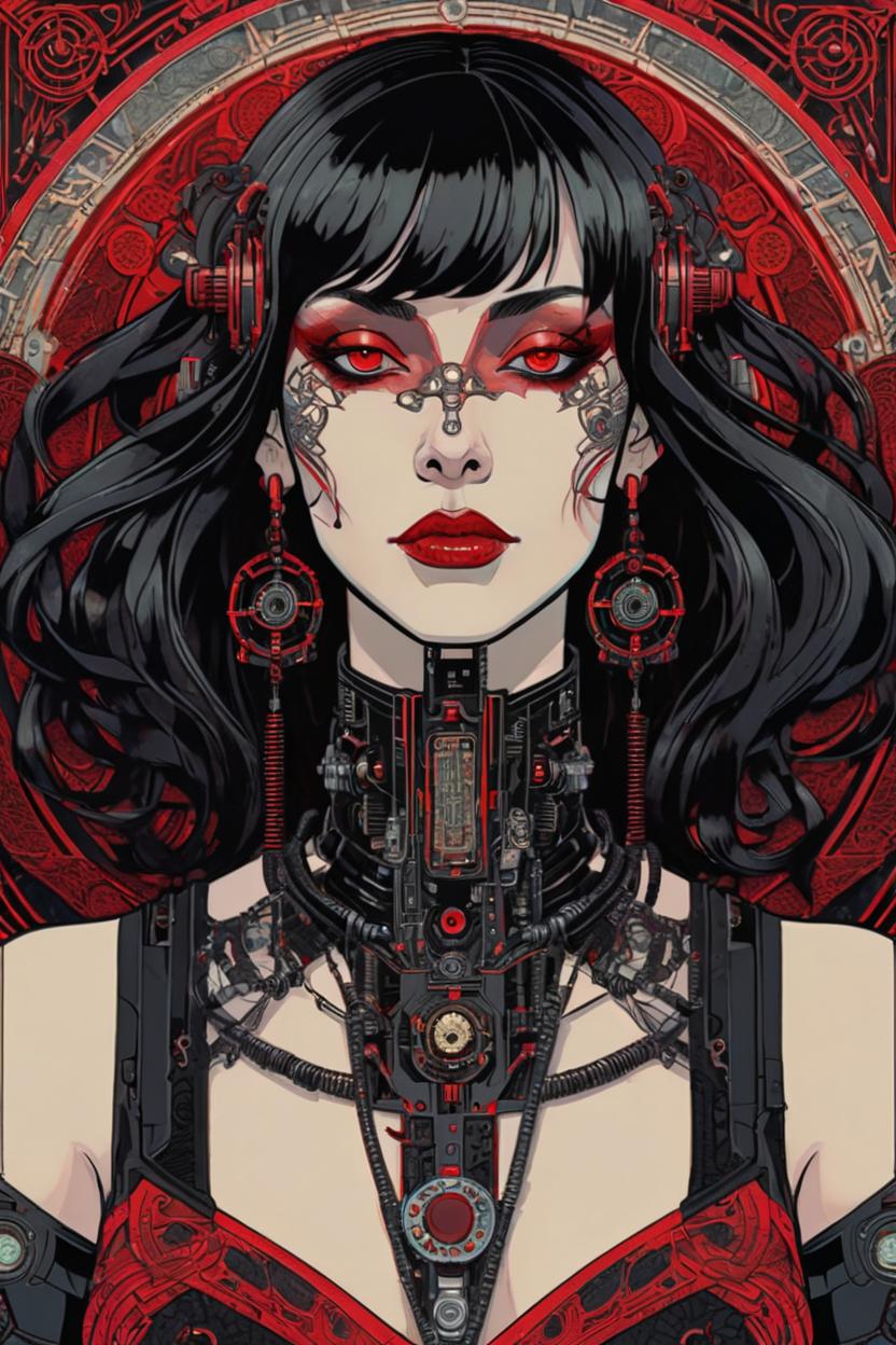 Artificial Intelligence (AI) generated image art, (*...*), portrait, artwork by Ivan Bilibin, Art Nouveau, tarot, cyberpunk, red and black android, cyborg, robotic, with black hair, brown eyes, red and black robotic details