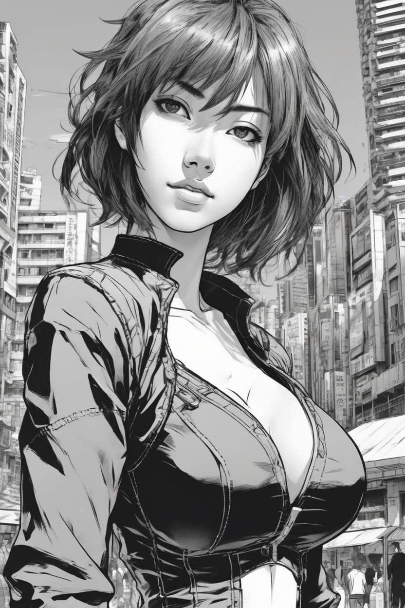 Artificial Intelligence (AI) generated image art, (*...*), Beautiful well-formed female, (Kentaro Miura manga book style), illustration, manga artstyle, portrait and torso, fantasy, landscape, face, big city background