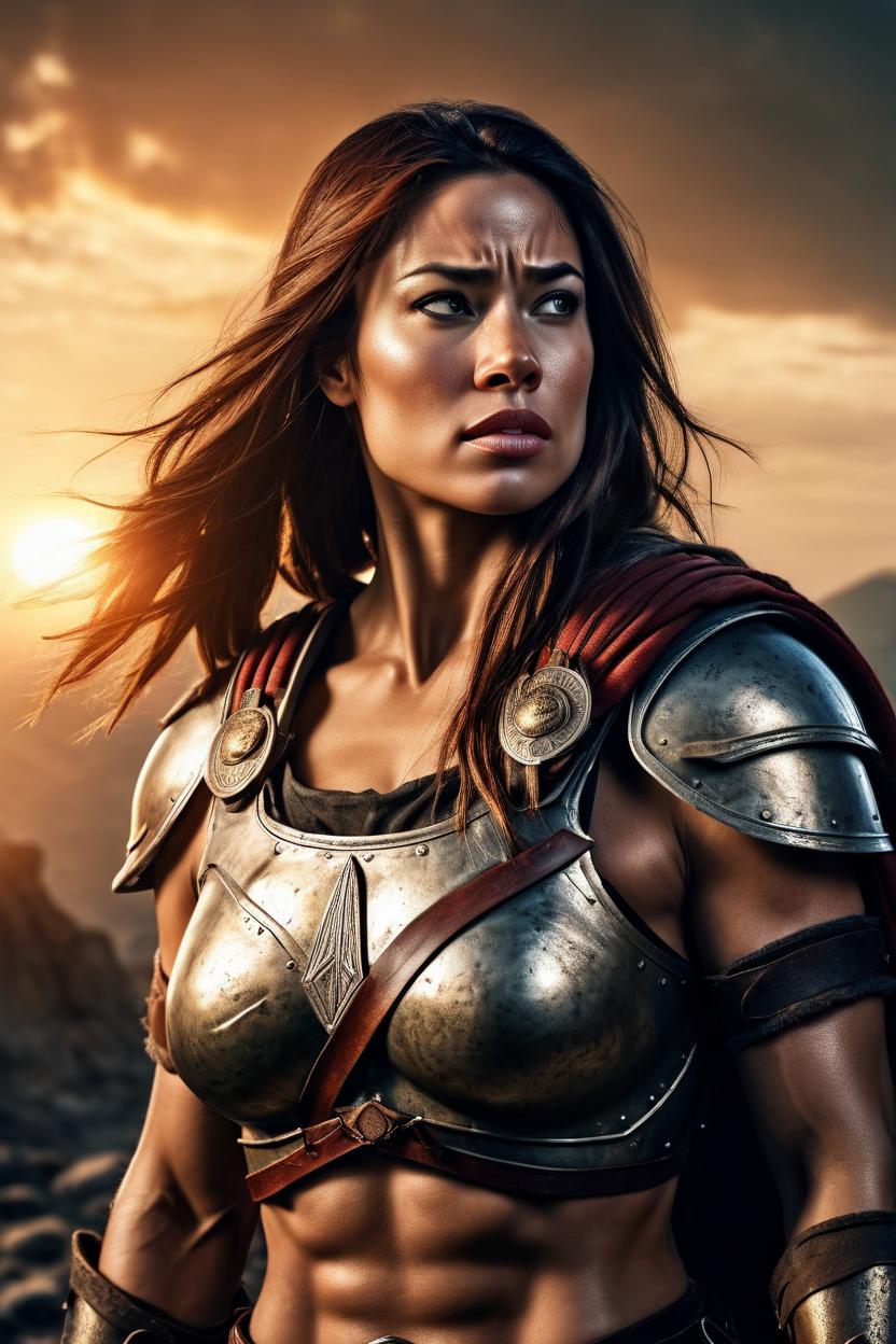 Artificial Intelligence (AI) generated image art, Handsome fullbody representation of the beautiful well-formed spartan woman-warrior ..., war hero, tired expression, long straight hair, large bust, full body, (leave space above head), (photorealistic), cinematic lighting, dramatic sunset, caustics, digital, epic scene, by gaston bussiere, bayard wu, greg rutkowski, giger, maxim verehin