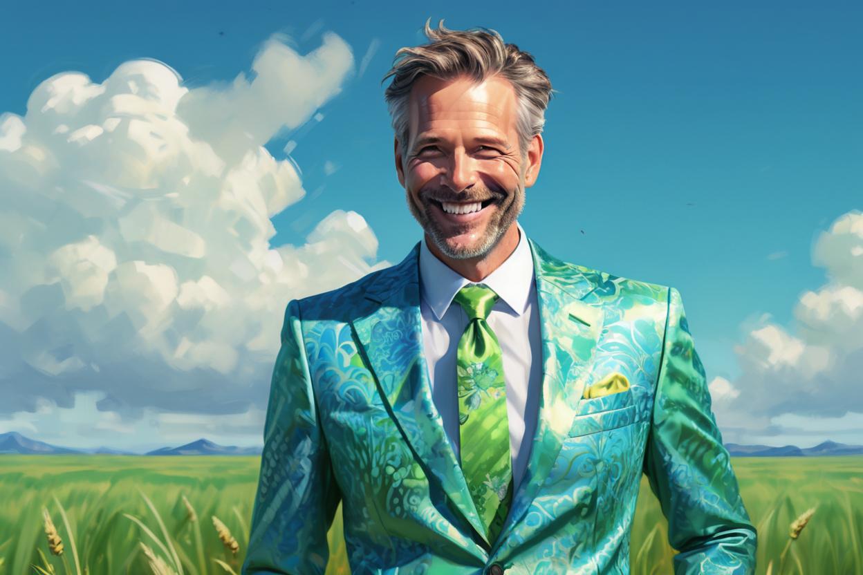 Artificial Intelligence (AI) generated image art, ..., full length, WEARING A stylish modern suit with open collar shirt, bright daylight and blue sky, smile, highly detailed illustration, deep focus, intricate, artstation, art by artgerm and greg rutkowski and alphonse mucha and marco mazzoni, style of \"No Rain\" music video, people in background dressed in bee costumes, (in a green field)