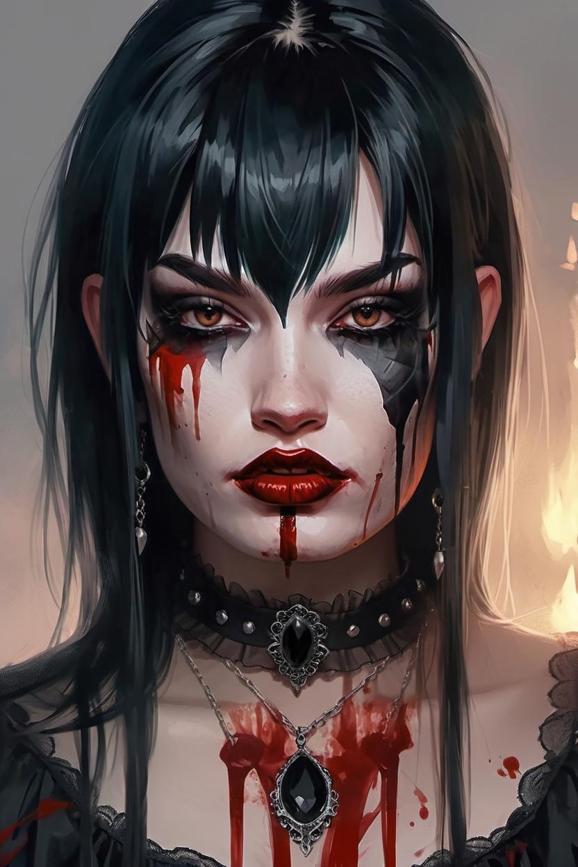 Artificial Intelligence (AI) generated image art, \"painted portrait of (...) as a beautiful vampiric temptress, black hair, blood running down mouth, upper body, intricate, elegant, highly detailed, digital painting, artstation, concept art, smooth, sharp focus, illustration, art by gaston bussiere and magali villeneuve\"