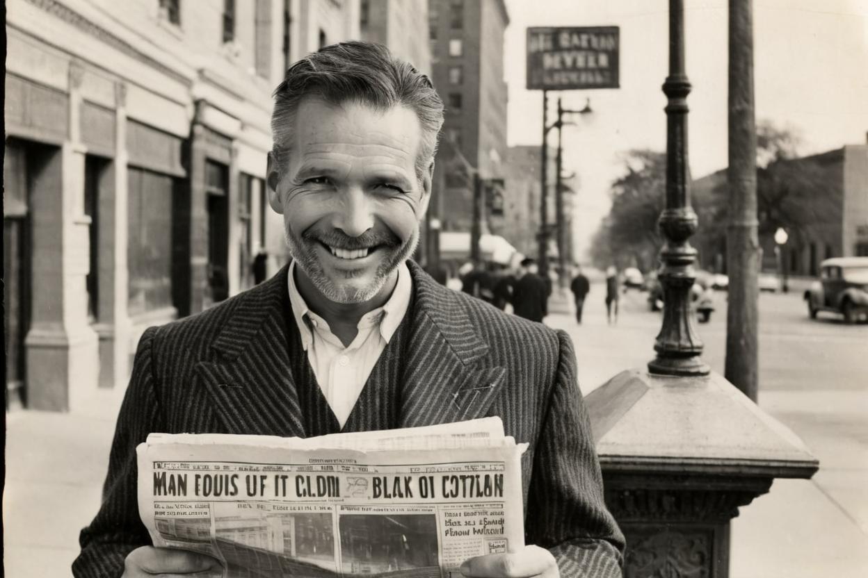 Artificial Intelligence (AI) generated image art, ..., 1920s style photograph,1920s city, standing on the sidewalk reading a newspaper, big city, subtle smile, 1920s clothing, black and white