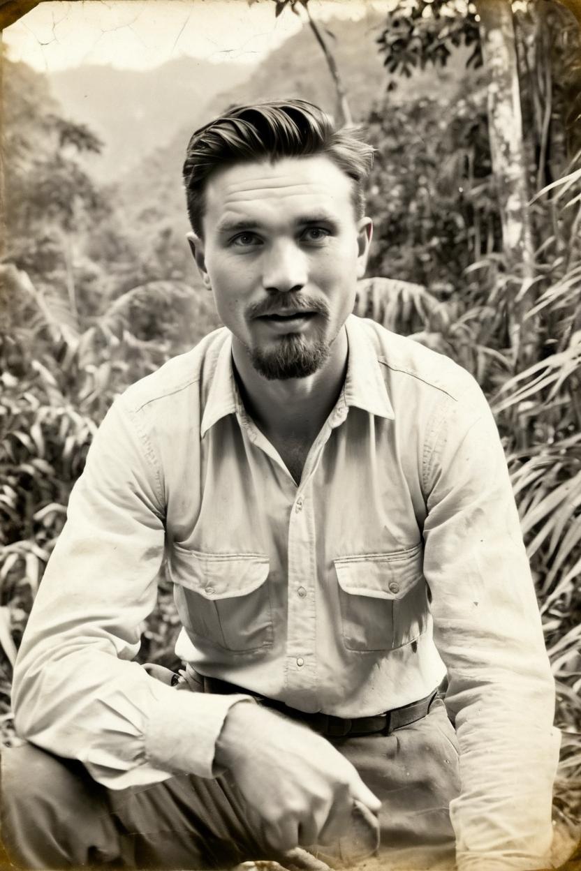 Artificial Intelligence (AI) generated image art, ..., 25 years old, ((portrait)) very old jungle expedition photo, 100-year old photo, b&w photo, cracks in photo, vintage photo, Jungle landscape, ((tiger attacking in the background))