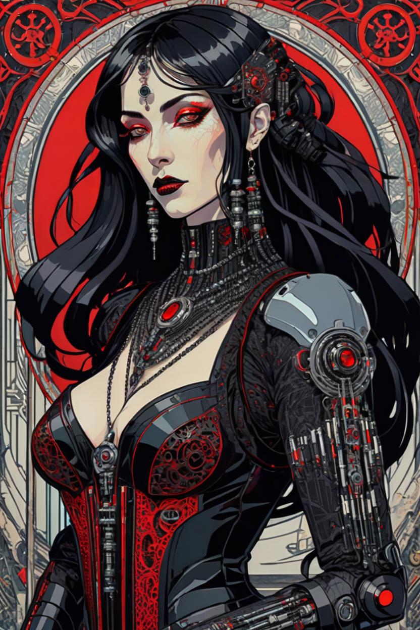 Artificial Intelligence (AI) generated image art, (*...*), portrait, artwork by Ivan Bilibin, Art Nouveau, tarot, cyberpunk, red and black android, cyborg, robotic, with black hair, dark eyes, black irises, full body