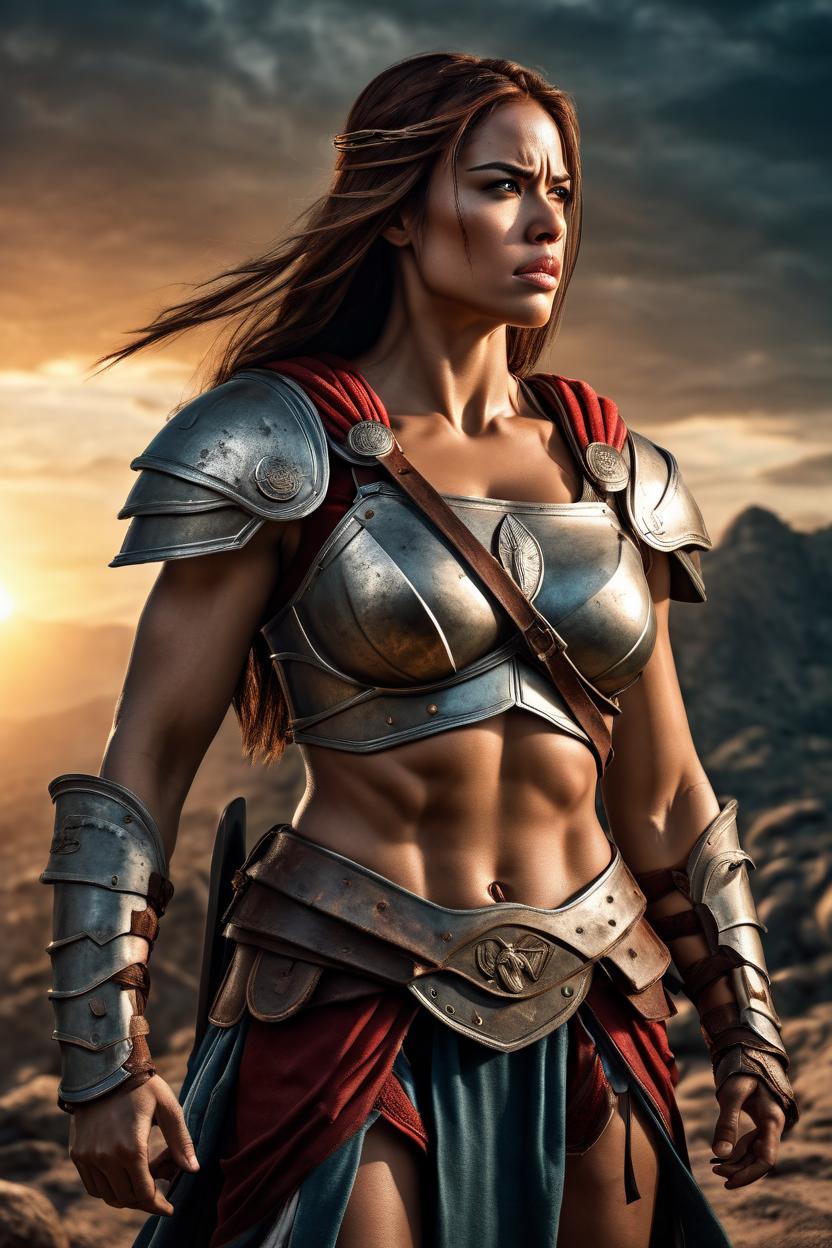 Artificial Intelligence (AI) generated image art, Handsome fullbody representation of the beautiful well-formed spartan woman-warrior ..., war hero, tired expression, long straight hair, large bust, full body, (leave space above head), (photorealistic), cinematic lighting, dramatic sunset, caustics, digital, epic scene, by gaston bussiere, bayard wu, greg rutkowski, giger, maxim verehin