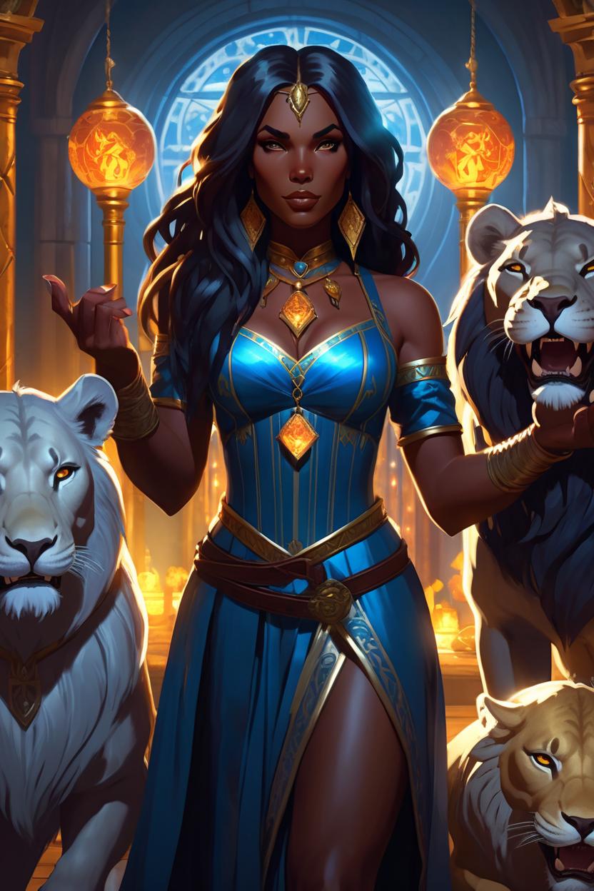 Artificial Intelligence (AI) generated image art, ..., as a medieval goddess with two lions in the tarot card \\\'strength\\\', elegant, dark hair, glowing lights, waist to top, lights detailed, digital painting, artstation, glamor pose, concept art, smooth, sharp focus, illustration, art by artgerm and greg rutkowki