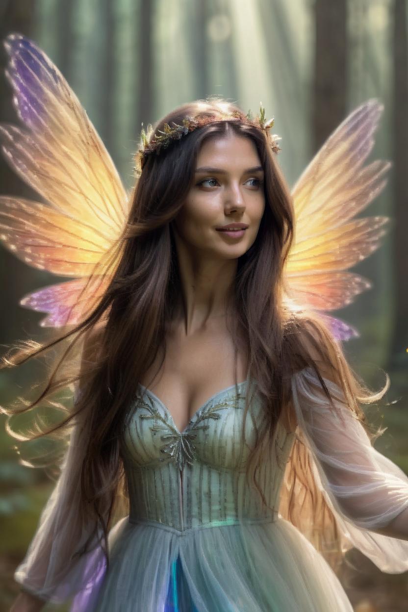 Artificial Intelligence (AI) generated image art, ..., illustration, as a fairy queen, with beautiful colorful gossamer wings, tan smooth skin, long wavy and lusterous hair flowing out around her, backlit to cause a halo around her, smaller fairys and sprites dance behind her a mysterious forest in the background