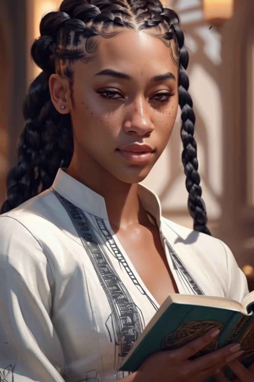 Artificial Intelligence (AI) generated image art, ..., Portrait of young woman read the book, upper torso. real life skin, dark braided hair. intricate, elegant, highly detailed, artstation, concept art, smooth, sharp focus, art by artgerm and greg rutkowski and alphonse mucha