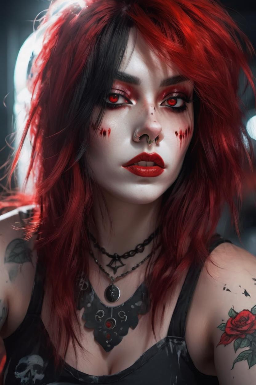 Artificial Intelligence (AI) generated image art, (painted ... portrait), gorgeous alt girl, white black and red hair, dark eyes, digital painting, cinematic lighting, sharp focus, close up, art style of RossDraws