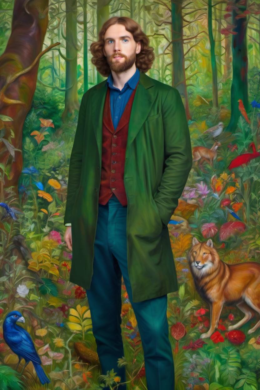 Artificial Intelligence (AI) generated image art, ... as an oil painting by Dante Gabriel Rossetti, full body, in a forest, highly detailed, vivid colours