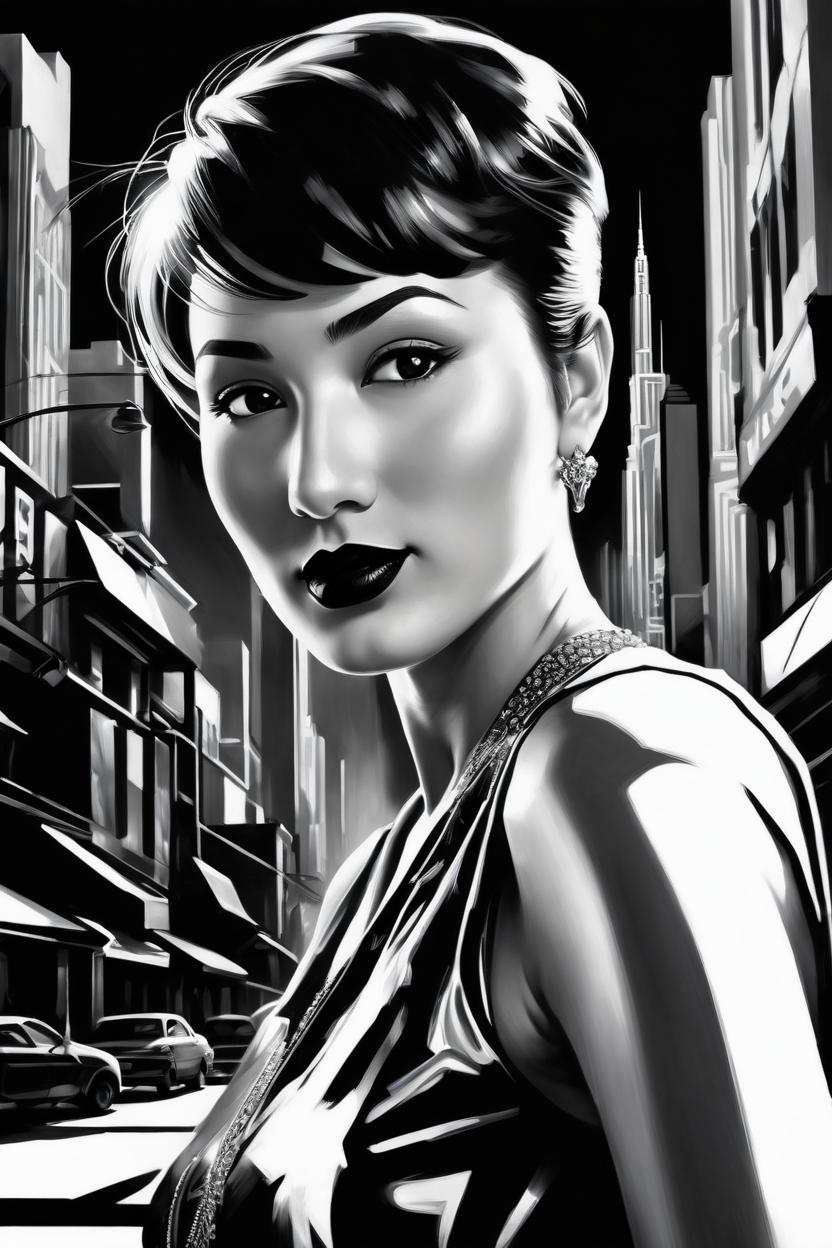 Artificial Intelligence (AI) generated image art, ..., shiny haircut, (leave space above head), dramatic light, art deco city background, high contrast, sharp, ((black and white)), painted by stanley lau, painted by stanley artgerm,, painted by patrick nagel