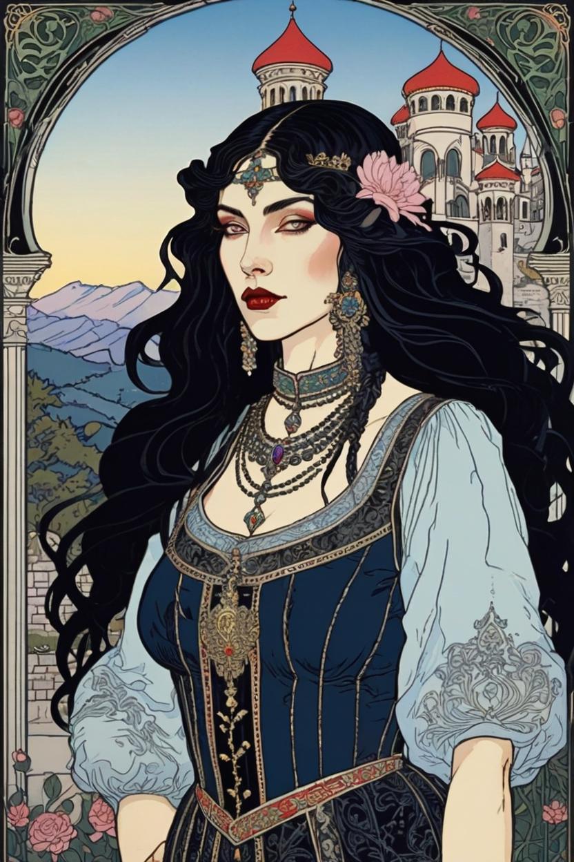 Artificial Intelligence (AI) generated image art, (*...*), portrait, artwork by Ivan Bilibin, Art Nouveau, tarot card, goddess, the lovers, castle in background, black hair, as a vampire, with a harem of men