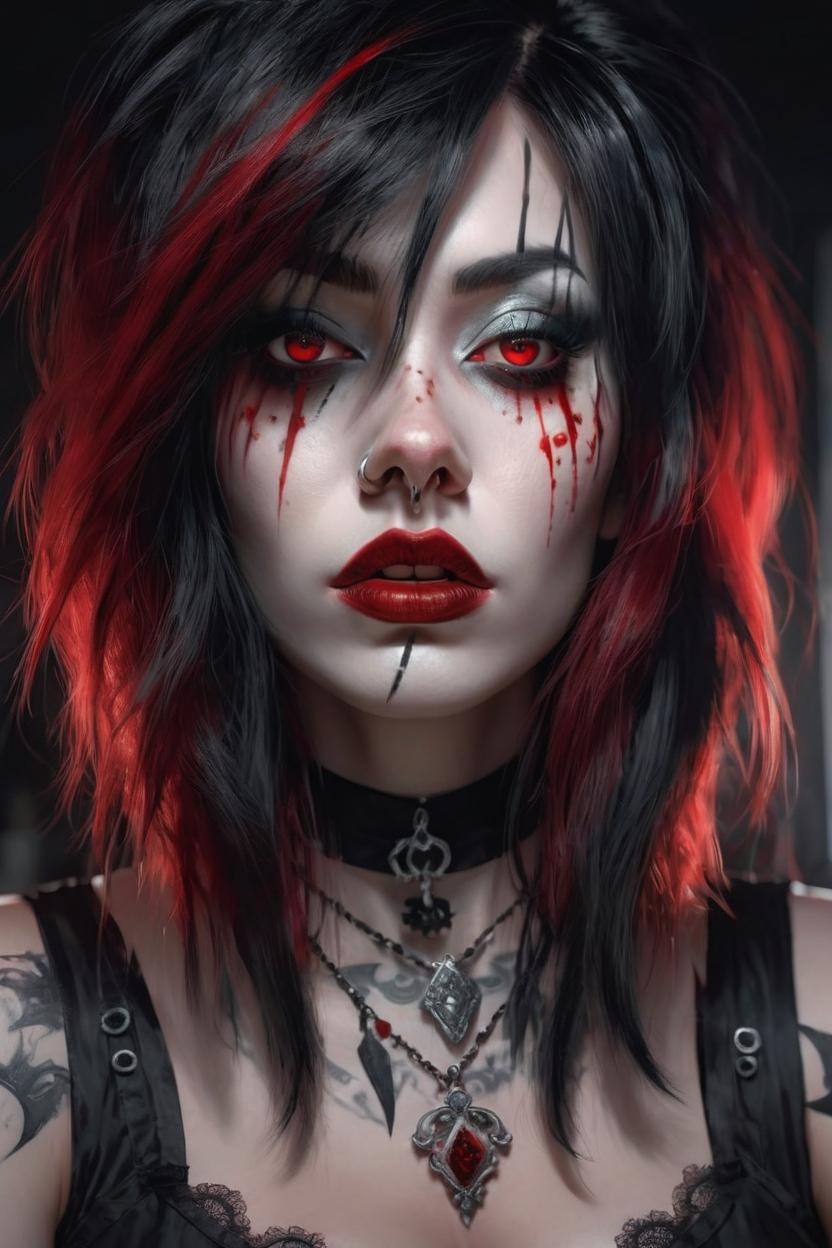 Artificial Intelligence (AI) generated image art, (painted ... portrait), gorgeous gothic girl, alterative, white black and red hair, dark eyes, digital painting, cinematic lighting, sharp focus, close up, art style of RossDraws