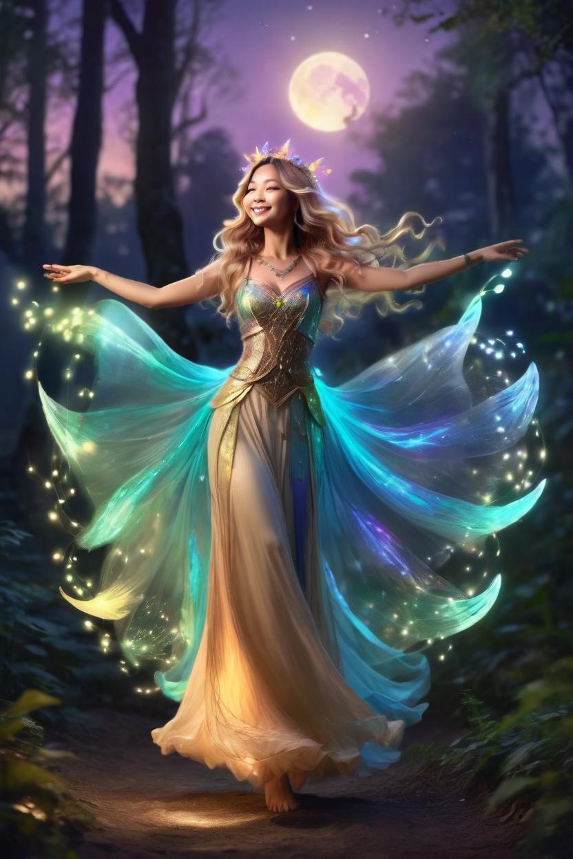 Artificial Intelligence (AI) generated image art, ..., illustration, full body, as a fairy queen, with beautiful colorful gossamer wings, dancing in a fairy circle in the moonlight, tan smooth skin, long wavy and lusterous hair flowing out around her, backlit to cause a halo around her, smaller fairys and sprites dance behind her a mysterious forest in the background