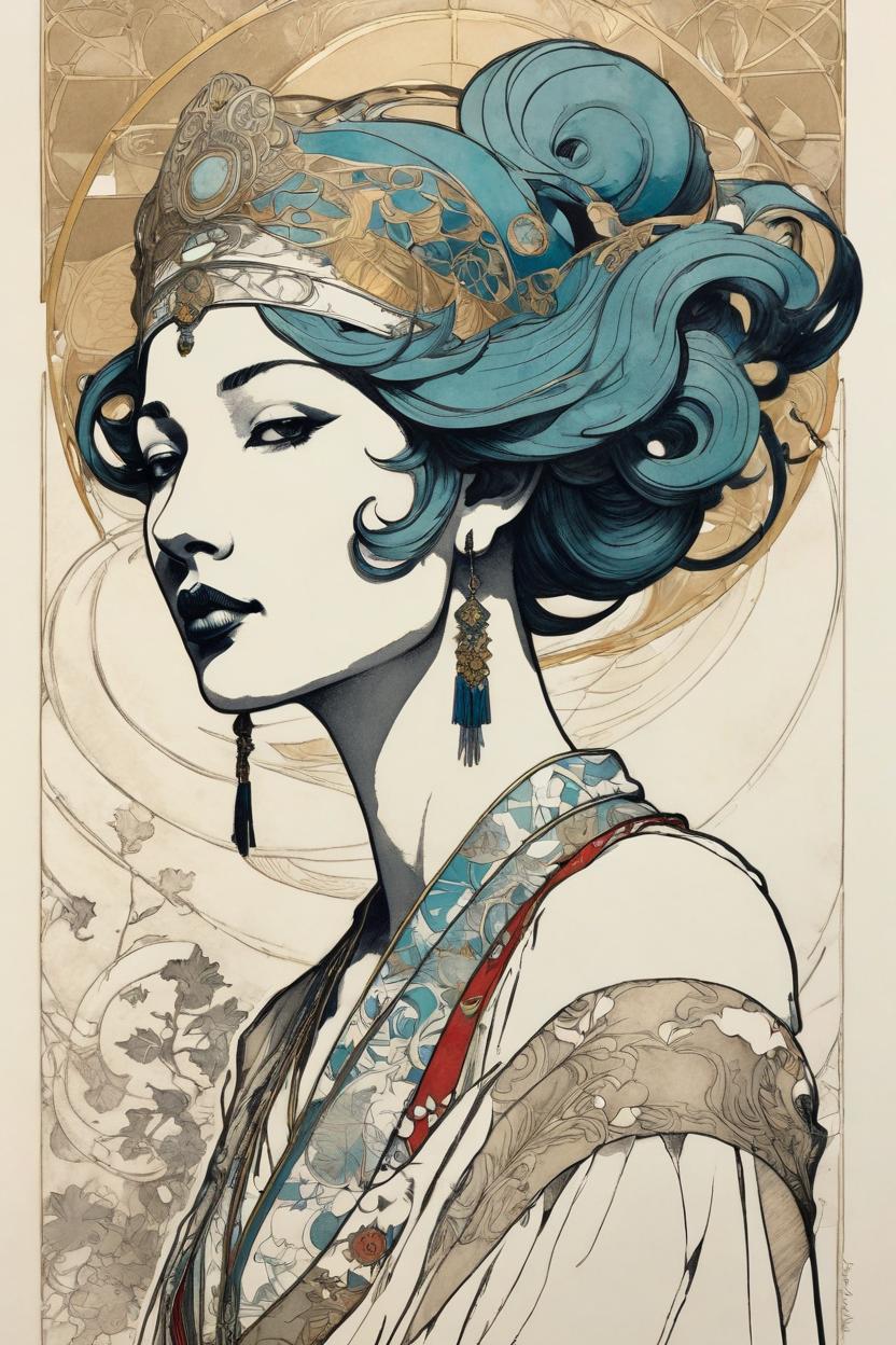 Artificial Intelligence (AI) generated image art, handsome fullbody illustration of beautiful art nouveau goddess ..., (coloured ink drawing), leave space above head, ((art by aubrey beardsley)), art by yoji shinkawa, tan skin