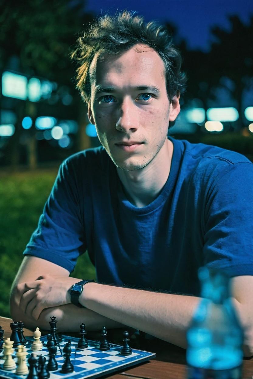 Artificial Intelligence (AI) generated image art, portrait photo of ... playing chess, good posture, cinematic, blue hour, Kodak Portra 800 film SMC Takumar 35mm f/ 2. 8 c 50, detailed face, you can see his blue eyes, less wrinkles, looks happy, more hair, hair is neat, vivid colors