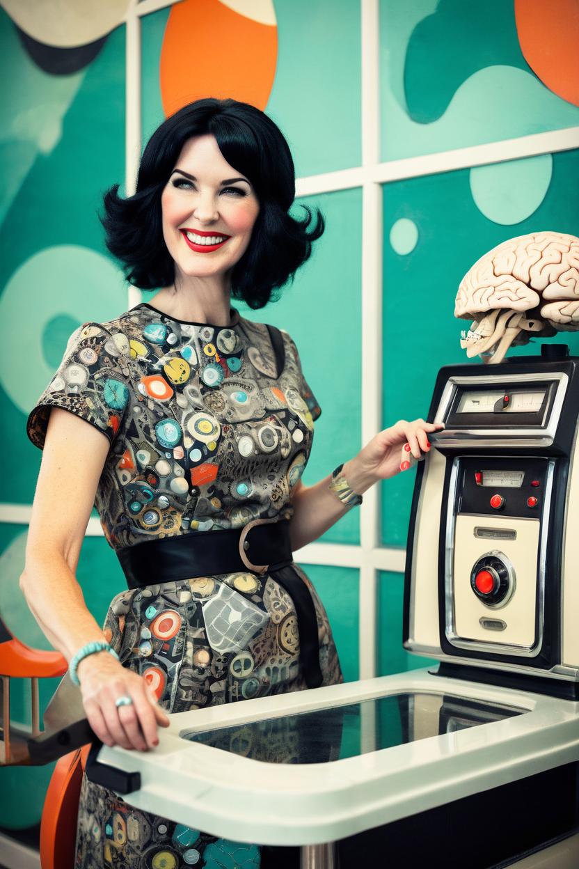 Artificial Intelligence (AI) generated image art, ..., (photographic) as a mid century modern housewife (vaccuuming) in a retro futuristic surreal setting with (human brains) as a design element. She is smiling dutifully.