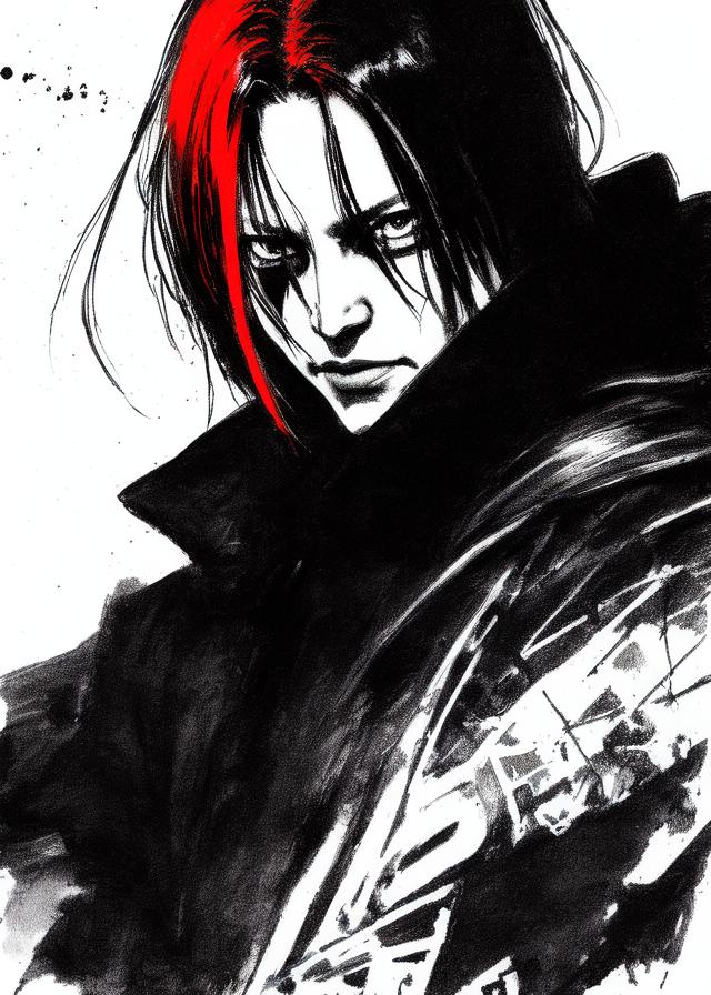 Artificial Intelligence (AI) generated image art, ..., yoji shinkawa, b&w, pencil drawing, ink, manga, concept art, black and red ink