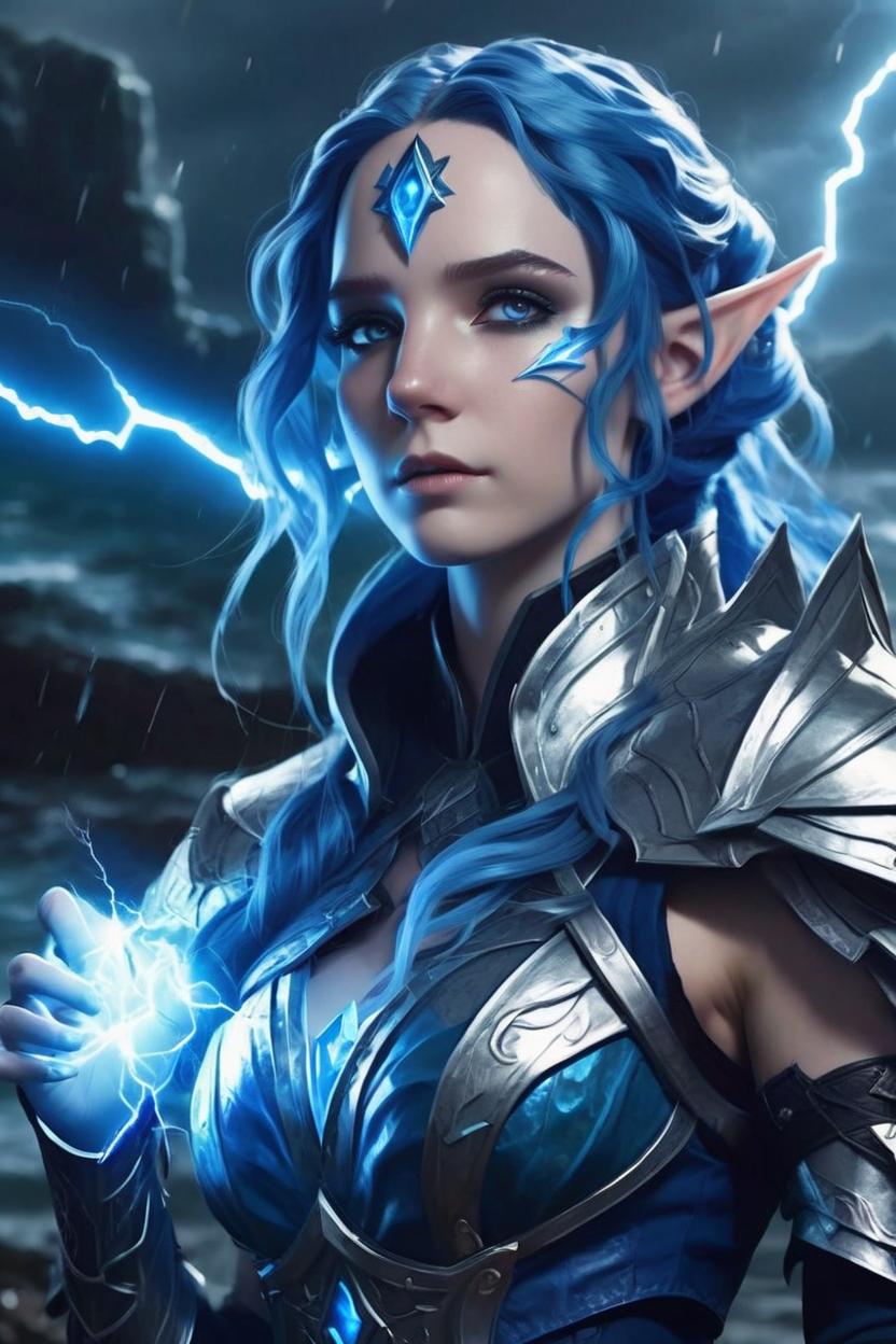 Artificial Intelligence (AI) generated image art, dnd, sea elf, cleric, tempest domain, (((lightning from hands))), Beautiful, dark blue hair, blue skin, pointed ears, glowing blue eyes, female, silver armor