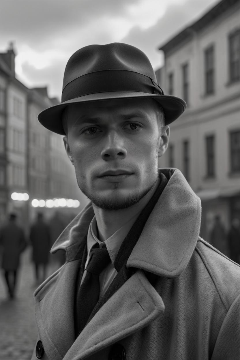 Artificial Intelligence (AI) generated image art, (portrait) of ... as a beautiful detective, wearing a fedora hat and a trench coat, detailed face features, old vintage town in the background, symmetric eyes, dramatic lighting, cinematic style by eddie mendoza, (shot on Fomapan 400), 4k