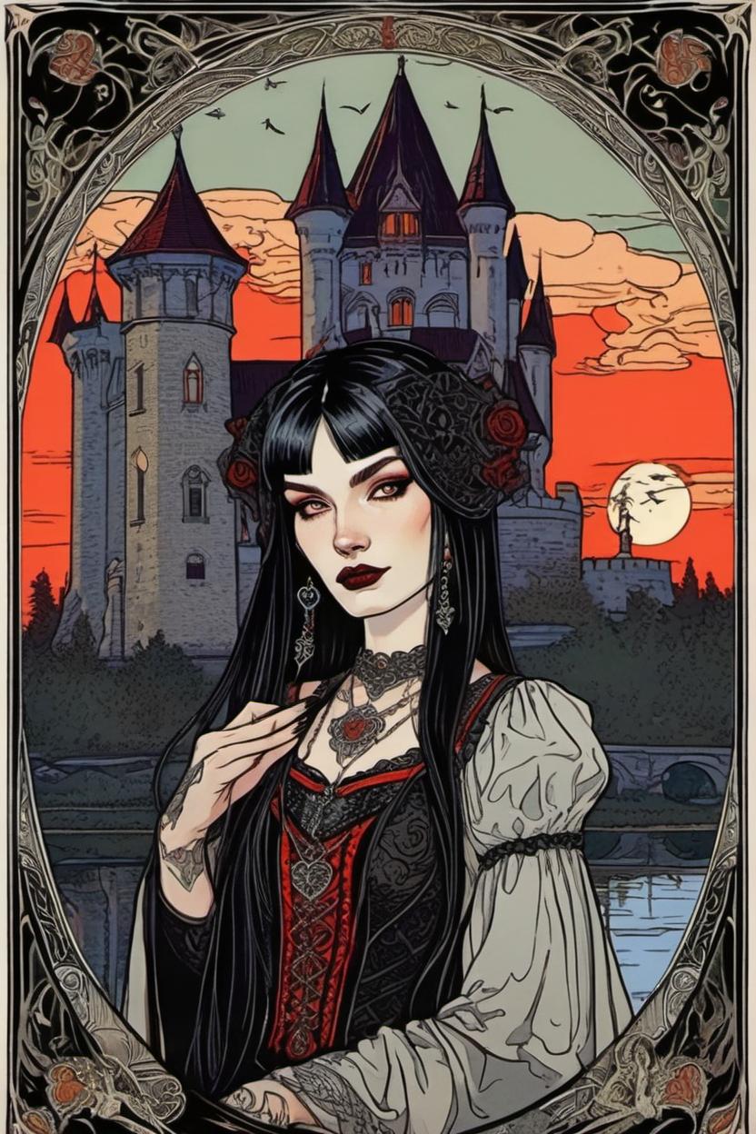 Artificial Intelligence (AI) generated image art, (*...*), portrait, artwork by Ivan Bilibin, Art Nouveau, tarot card, goddess, the lovers, castle in background, black hair, as a vampire