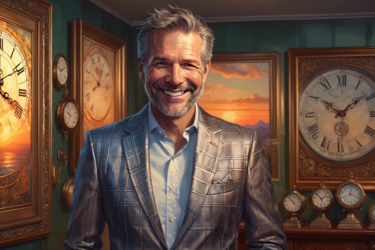 Artificial Intelligence (AI) generated image art, ..., WEARING A stylish modern suit with open collar shirt, smile, highly detailed illustration, deep focus, intricate, elegant, highly detailed, digital painting, artstation, art by artgerm and greg rutkowski and alphonse mucha and marco mazzoni, sunset, (standing in a room filled with clocks)