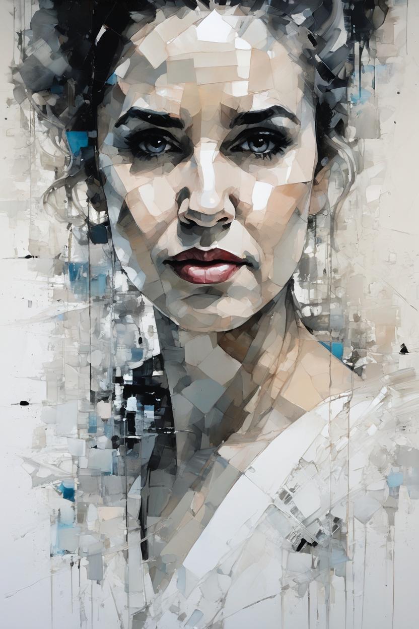 Artificial Intelligence (AI) generated image art, a portrait of ..., age 25, in the style of jeremy mann, monumental ink paintings, cracked, blink-and-you-miss-it detail, serene faces, animated gifs, oscar niemeyer