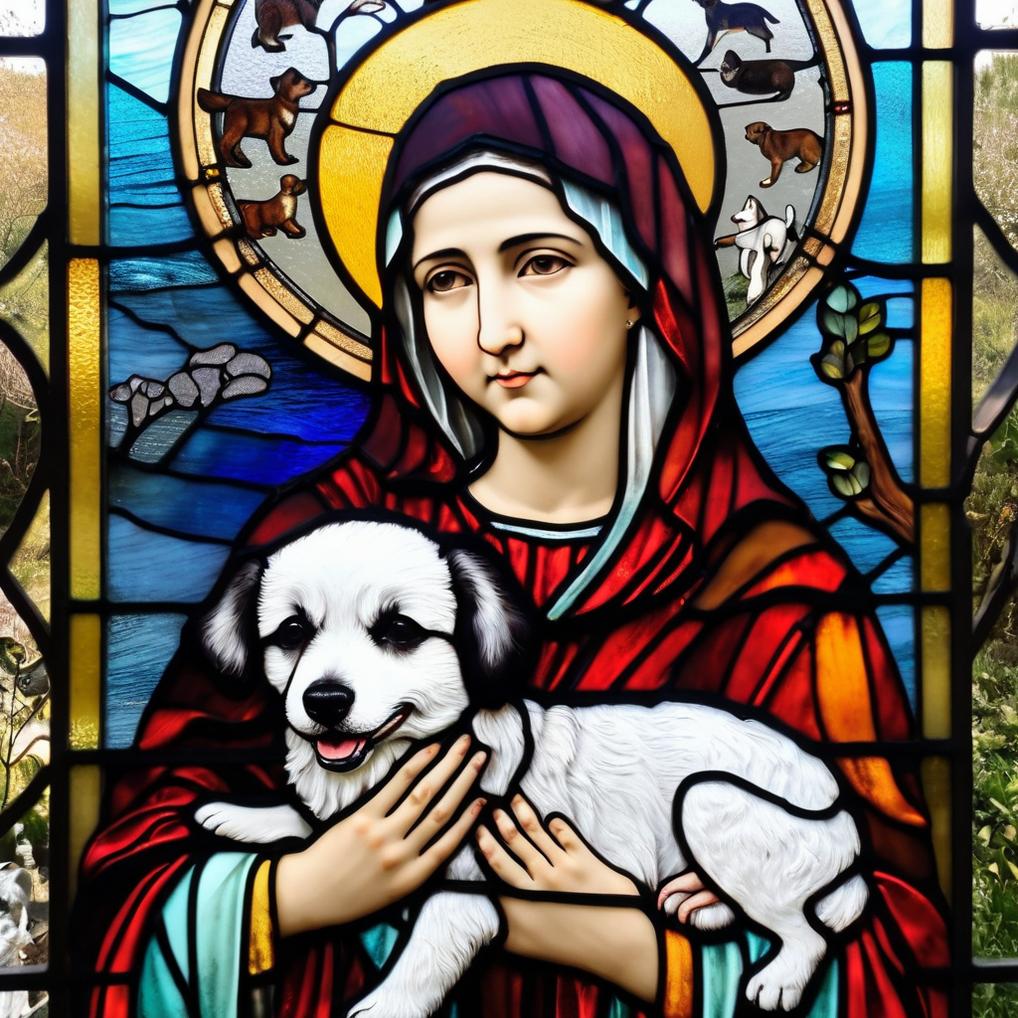 Artificial Intelligence (AI) generated image art, ..., greek orthodox style stained glass window, tryptich as a beautiful modest saint who cared for dogs and baby woodland animals