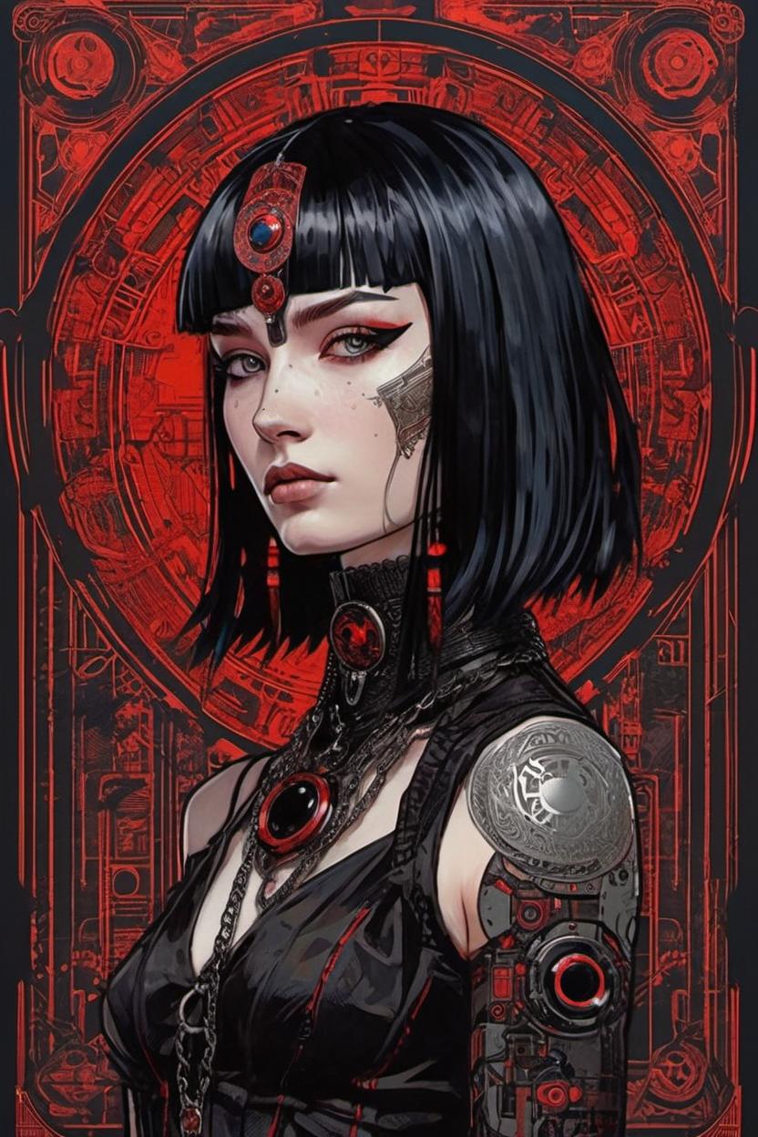 Artificial Intelligence (AI) generated image art, (*...*), portrait, artwork by Ivan Bilibin, Art Nouveau, tarot, cyberpunk, red and black android, cyborg, robotic, with black hair, dark eyes, black irises, full body