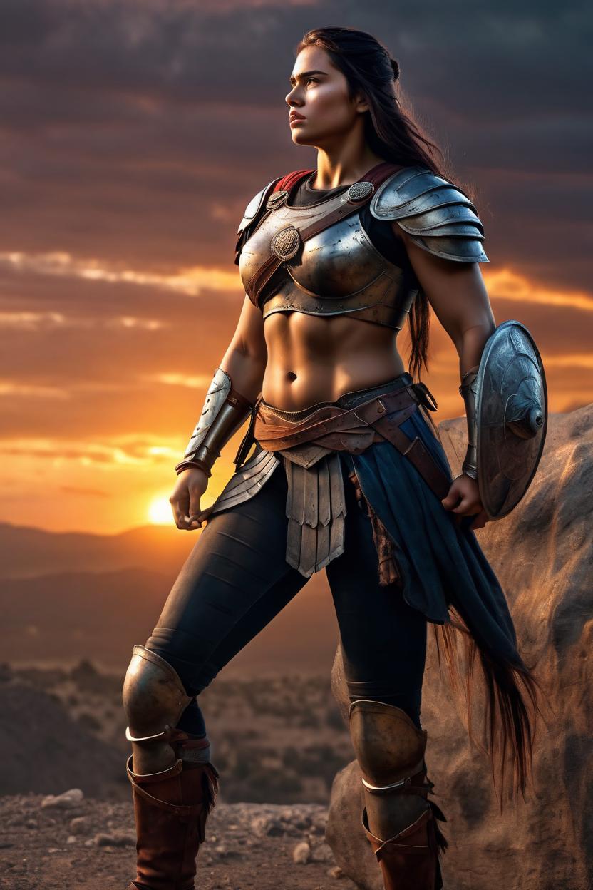 Artificial Intelligence (AI) generated image art, Handsome fullbody representation of the beautiful well-formed spartan woman-warrior ..., war hero, tired expression, long straight hair, large bust, full body, (leave space above head), (photorealistic), cinematic lighting, dramatic sunset, caustics, digital, epic scene, by gaston bussiere, bayard wu, greg rutkowski, giger, maxim verehin