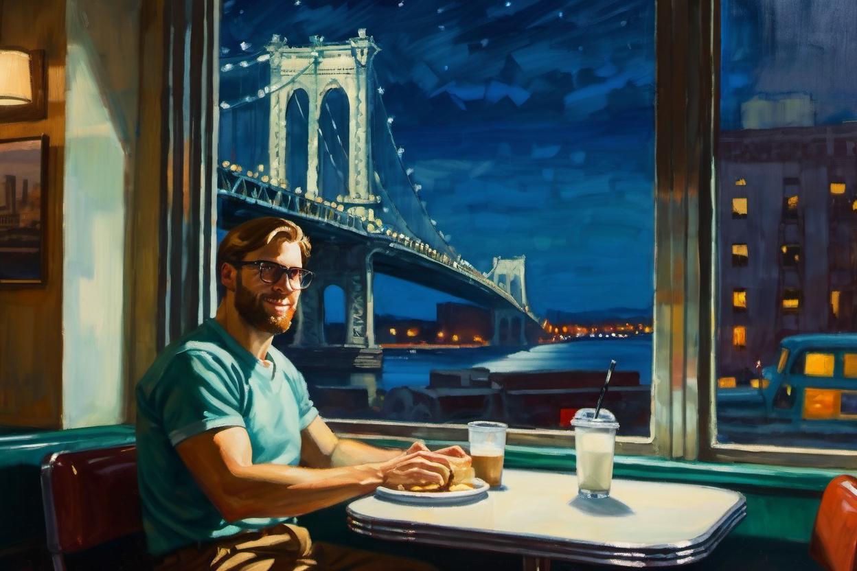 Artificial Intelligence (AI) generated image art, Painting of ... by Edward Hopper, in a 1950s style diner, sitting alone by the window, night time, Manhattan Bridge outside the window
