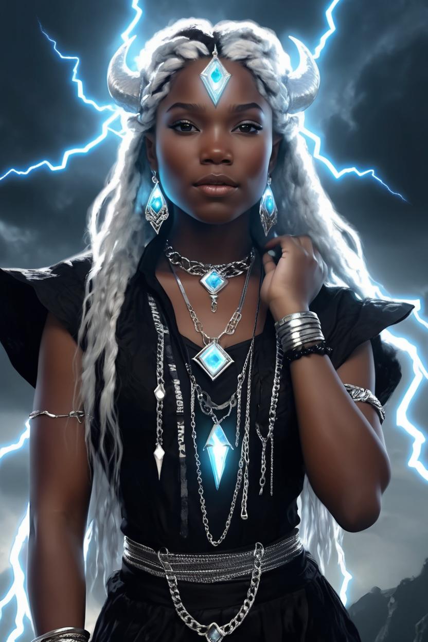 Artificial Intelligence (AI) generated image art, ..., as sky goddess, beautiful, wearing black, silver jewelry, lightning,  digital portrait