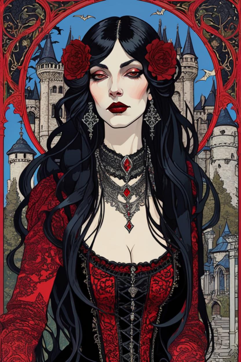 Artificial Intelligence (AI) generated image art, (*...*), portrait, artwork by Ivan Bilibin, Art Nouveau, tarot card, goddess, the lovers, gothic castle in background, black hair, as a vampire, bats, red and black dress