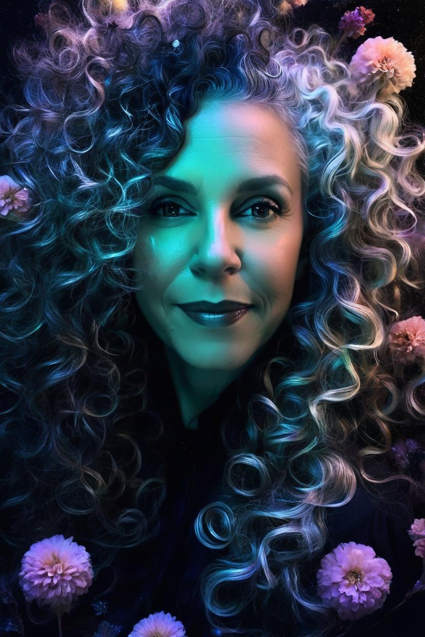 Artificial Intelligence (AI) generated image art, A portrait of ... floating in a dark void, masterpiece dark colors with bioluminescent highlights. Floating naturally curly hair, Elegant botany and flowers. Smoke fractals, hauntingly beautiful
