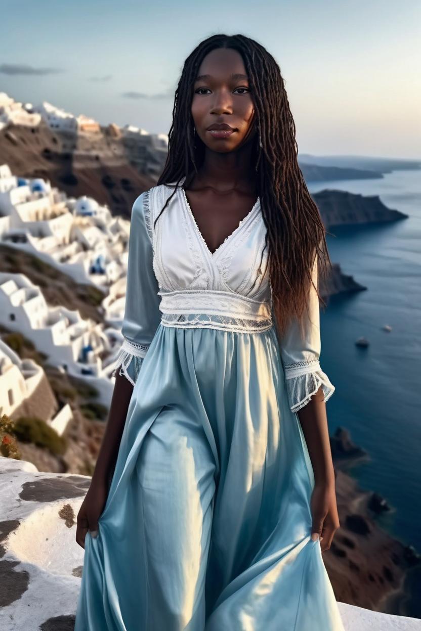 Artificial Intelligence (AI) generated image art, ..., beautiful long dark flowing hair. elegant clothing. in Santorini on a cliff over looking the ocean. photo realistic. beautiful. portrait