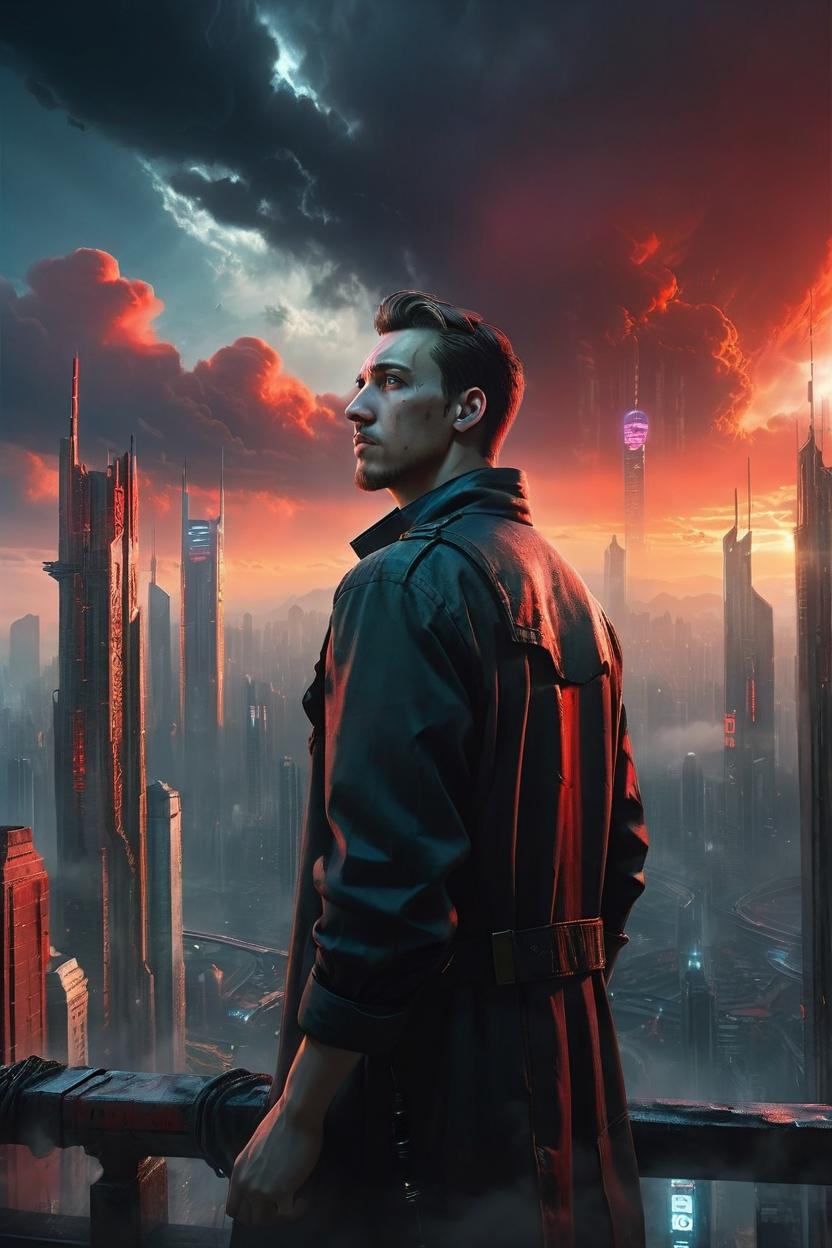 Artificial Intelligence (AI) generated image art, ...,looking at a ((cyberpunk megacity built on a cloud)) in the distance, epic, cinematic lighting, portrait, scifi detective colthes, cinematic lighting, red sun