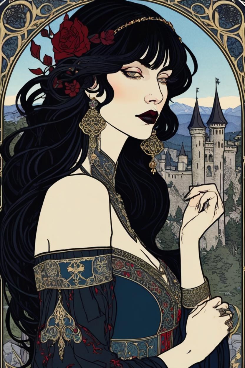 Artificial Intelligence (AI) generated image art, (*...*), portrait, artwork by Ivan Bilibin, Art Nouveau, tarot card, goddess, the lovers, castle in background, black hair, as a vampire, with a partner