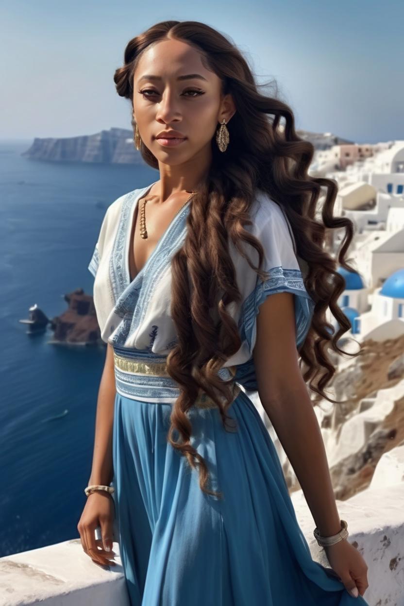 Artificial Intelligence (AI) generated image art, ..., beautiful long dark flowing hair. elegant clothing. in Santorini on a cliff over looking the ocean. photo realistic. beautiful. portrait