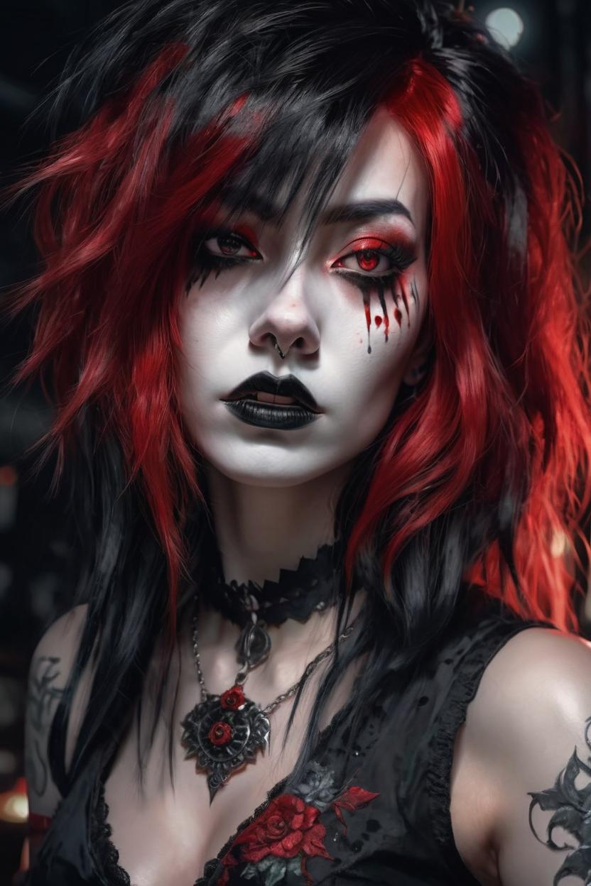 Artificial Intelligence (AI) generated image art, (painted ... portrait), gorgeous gothic girl, alterative, white black and red hair, dark eyes, digital painting, cinematic lighting, sharp focus, close up, art style of RossDraws