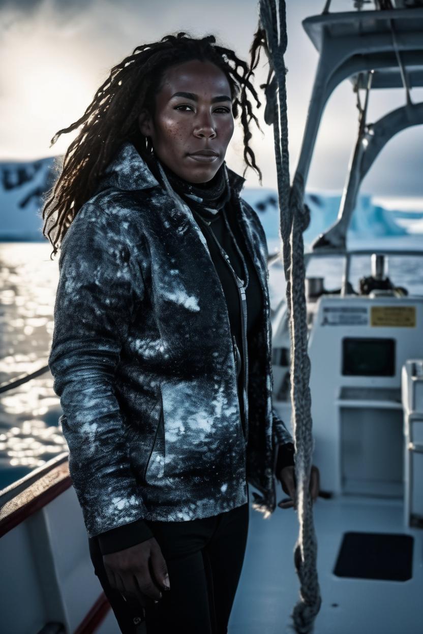 Artificial Intelligence (AI) generated image art, ..., youthful. on a boat in the antarctica. full body. beautiful. cinematic lighting. portrait. Realistic.