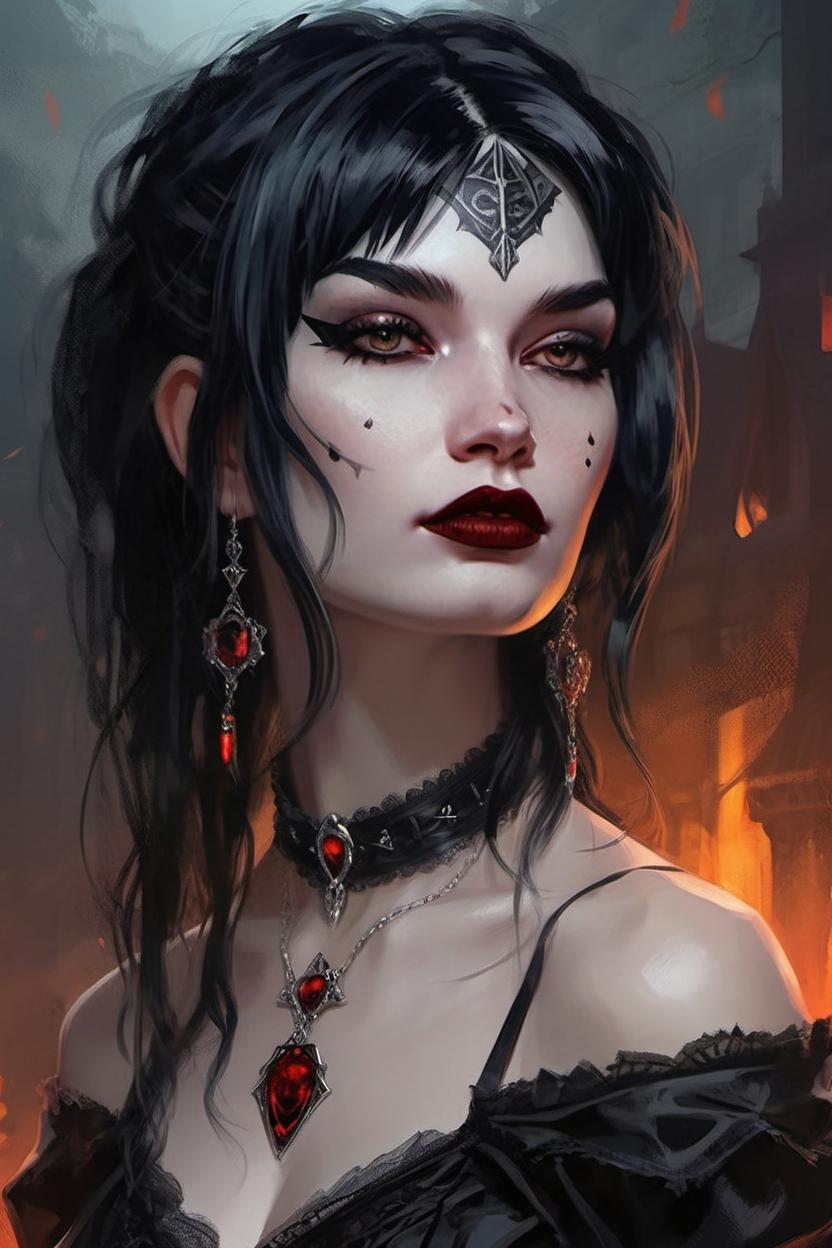 Artificial Intelligence (AI) generated image art, painted portrait of ... as a beautiful vampiric temptress, black hair, upper body, intricate, elegant, highly detailed, digital painting, artstation, concept art, smooth, sharp focus, illustration, art by gaston bussiere and magali villeneuve