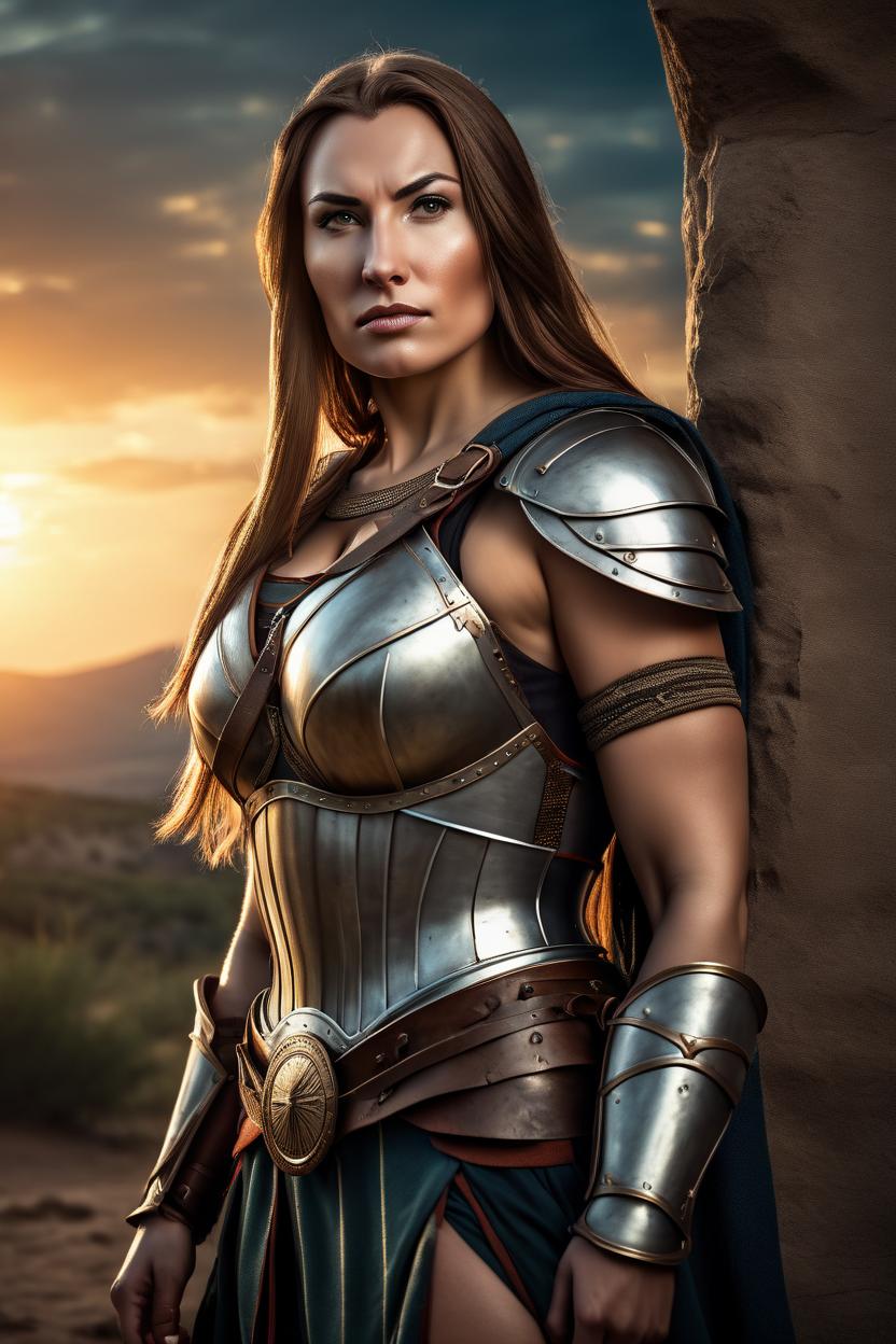 Artificial Intelligence (AI) generated image art, Handsome fullbody representation of the beautiful well-formed spartan woman-warrior ..., war hero, tired expression, long straight hair, large bust, full body, (leave space above head), (photorealistic), cinematic lighting, dramatic sunset, caustics, digital, epic scene, by gaston bussiere, bayard wu, greg rutkowski, giger, maxim verehin