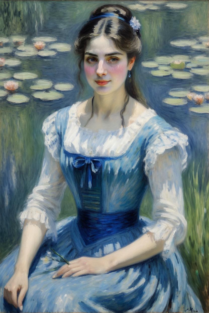 Artificial Intelligence (AI) generated image art, portrait of ... as beautiful women, a painting by Claude Monet ,water lilys, blue dress