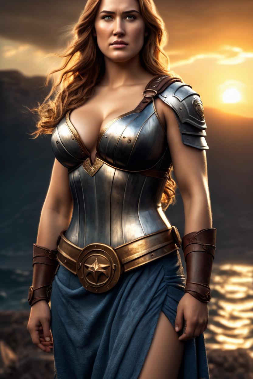 Artificial Intelligence (AI) generated image art, Handsome fullbody representation of the beautiful well-formed spartan woman-warrior ..., war hero, tired expression, long straight hair, large bust, full body, (leave space above head), (photorealistic), cinematic lighting, dramatic sunset, caustics, digital, epic scene, by gaston bussiere, bayard wu, greg rutkowski, giger, maxim verehin