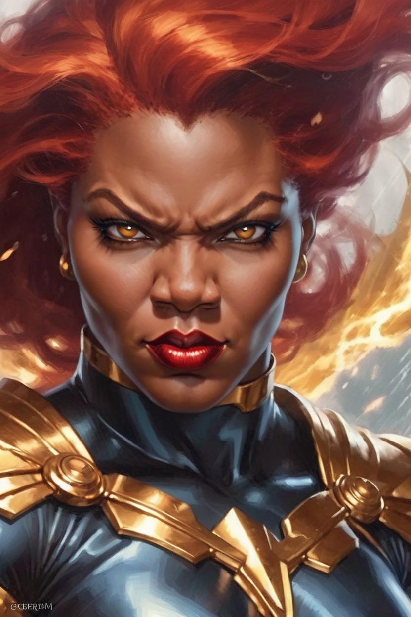 Artificial Intelligence (AI) generated image art, ... as storm x-man, by artgerm, ((half body)), flying, wind, thunder, strong, beautiful, detailed, red hair, gold lipstick