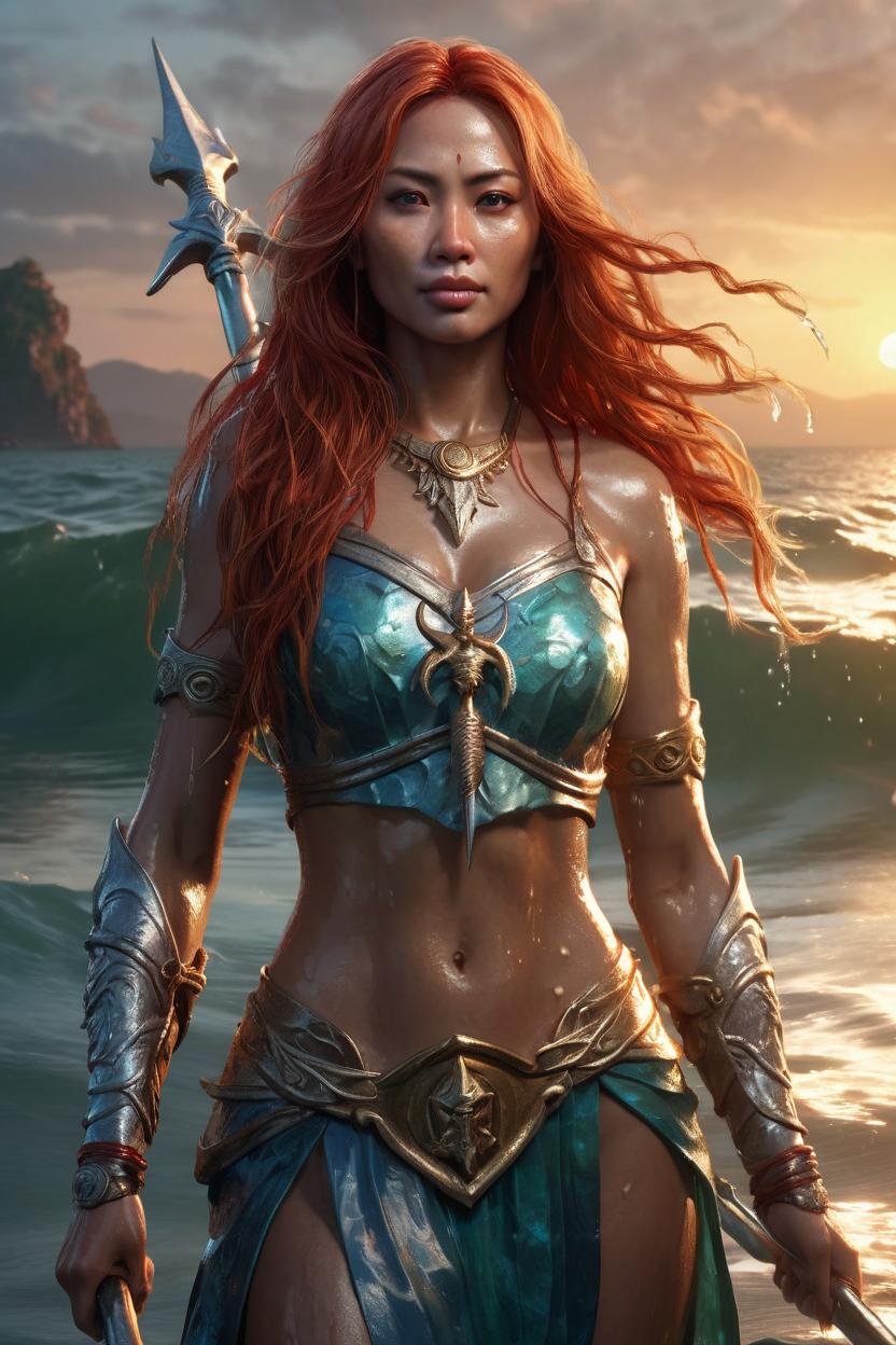 Artificial Intelligence (AI) generated image art, ..., ((realistic)) majestic water goddes Mera, holding one three spike trident, with wet body and flowing red long hair rising from the sea with sunset, ((portrait)), epic scene, epic light, intricate detailed, fine details, artstation, masterpiece, tan skin
